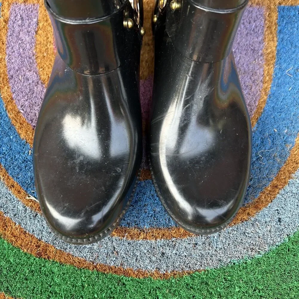 Michael Kors Fulton Harness Tall Rain Boots Womens Size 6 Black Gold Logo Gloss - Picture 5 of 11